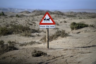 Sign Caution carriages on a road near Oranjemund, diamond restricted area, Karas region, Namibia