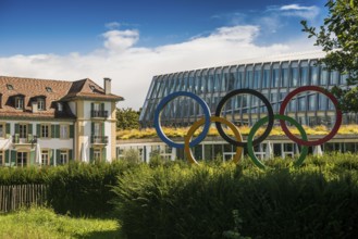 Olympic rings, headquarters of the International Olympic Committee, IOC, Lausanne, Switzerland