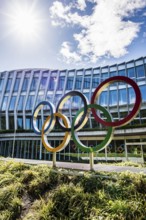 Olympic rings, headquarters of the International Olympic Committee, IOC, Lausanne, Switzerland