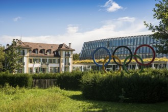 Olympic rings, headquarters of the International Olympic Committee, IOC, Lausanne, Switzerland