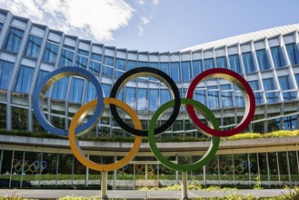 Olympic rings, headquarters of the International Olympic Committee, IOC, Lausanne, Switzerland