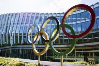 Olympic rings, headquarters of the International Olympic Committee, IOC, Lausanne, Switzerland
