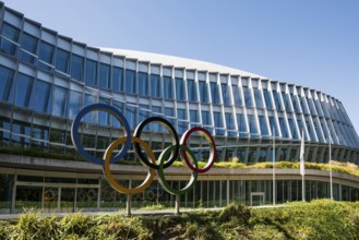 Olympic rings, headquarters of the International Olympic Committee, IOC, Lausanne, Switzerland