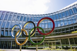 Olympic rings, headquarters of the International Olympic Committee, IOC, Lausanne, Switzerland