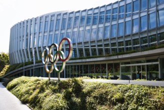 Olympic rings, headquarters of the International Olympic Committee, IOC, Lausanne, Switzerland
