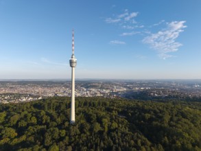 The television tower rises above a scenery of forests and a wide sky, Stuttgart, Baden-Württemberg,