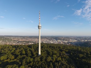 The television tower rises above a wooded landscape and an expansive city view, Stuttgart,