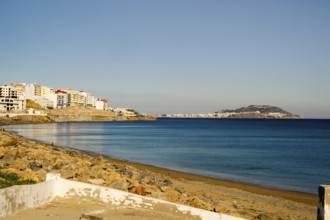 Beautiful view from Moroccan Fnideq to Spanish Ceuta on a sunny day, Morocco