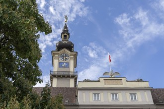 Historic building with tower and clock under a blue sky, City Hall Old Town Linz Upper Austria