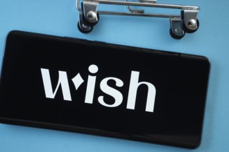 Dhaka, Bangladesh- 03 July 2025: Smartphone screen showing the Wish logo with shopping cart wheels