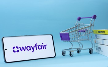 Dhaka, Bangladesh- 03 July 2025: Smartphone with Wayfair logo next to a small shopping cart and