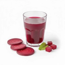 A refreshing glass of vibrant beetroot juice is presented alongside sliced beets and small cubes,