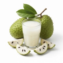 A refreshing glass of soursop juice is surrounded by the exotic fruit and its slices, showcasing a
