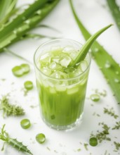 A close-up shot showcases a glass of vibrant green aloe vera juice, garnished with fresh aloe vera