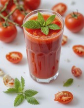 A tall glass of fresh tomato juice is garnished with mint leaves, surrounded by ripe tomatoes on a