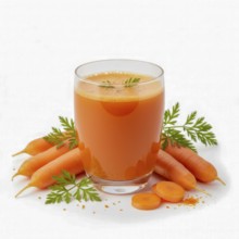 A refreshing glass of carrot juice is surrounded by fresh carrots and vibrant green leaves,