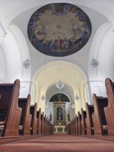 Interior of a church with impressive ceiling fresco and view of the altar, Kammersdorf Hollabrunn