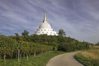 White pagoda at the end of a cobbled path between vines under a cloudy sky, Stupa am Wagram