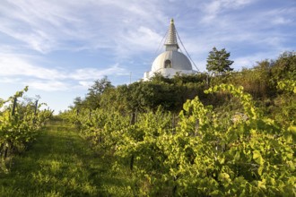 White stupa in the middle of vineyards, under a wide blue sky, peaceful atmosphere, Stupa am Wagram