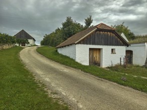 Two old houses in rural style on a curved path under a cloudy sky in green surroundings,