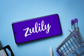 Dhaka, Bangladesh- 03 July 2025: Smartphone displaying Zulily logo with shopping cart on a blue