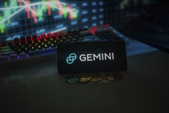 GEMINI logo set against market charts and coins, illuminated by colorful neon lights