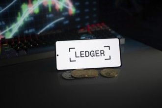 Ledger screen with coins, positioned before a stock chart, lit by neon lights