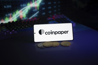 Coinpaper display with coins against a stock chart backdrop illuminated by neon lights