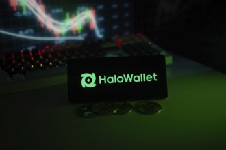 HaloWallet logo highlighted with coins and colorful trading charts in a modern trading ambiance