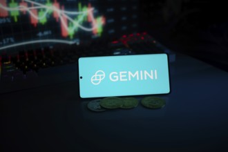 Gemini logo displayed amid coins and glowing trading charts, suggesting modern finance themes