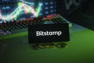 Bitstamp logo in a dim setting with coins and a vivid chart