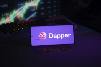 Dapper logo displayed alongside coins and illuminated trading charts, emphasizing digital finance