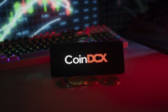 CoinDCX logo displayed with coins and market graphs, creating a futuristic trading atmosphere