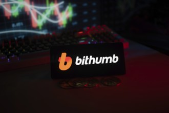 Bithumb logo with coins and trading charts, set in a red neon atmosphere