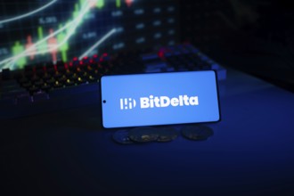 BitDelta logo presented with coins and trading charts in a neon blue setting