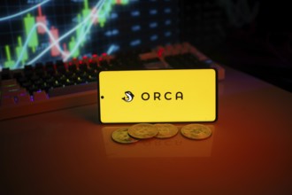 Yellow Orca logo on phone with coins and market screen, indicating crypto trading