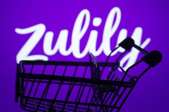 Dhaka, Bangladesh- 03 July 2025: Silhouette of a shopping cart in front of the Zulily logo,