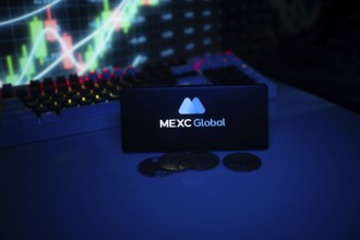 MEXC Global logo shown on a blue screen with coins and trading graphs in the background