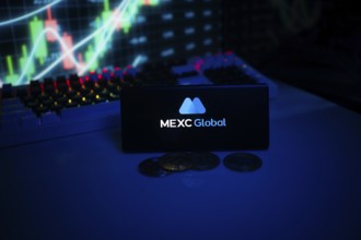 MEXC Global logo shown on a blue screen with coins and trading graphs in the background