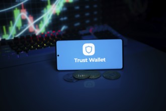 Trust Wallet logo on a blue screen with coins and trading graphs displayed in the background