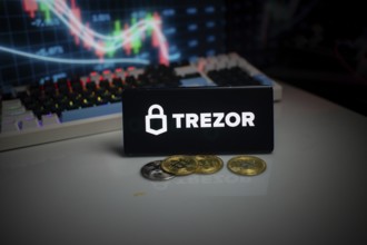 Phone shows Trezor logo with crypto coins and illuminated trading screen
