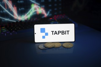 TAPBIT app on phone with coins and market chart in the background
