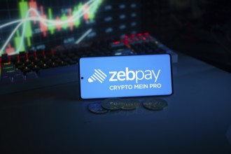 Zebpay logo on a phone with digital currencies and financial trading graphs in the background