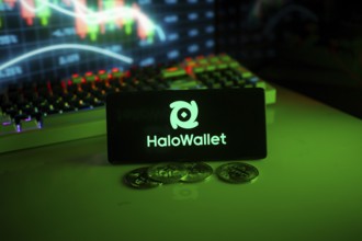 HaloWallet logo with coins and market graph under green neon lighting