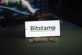 Bitstamp logo displayed with coins and market chart in electrifying neon lights