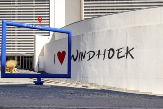 Photo of an installation in Windhoek with the inscription I love Windhoek and a blue frame
