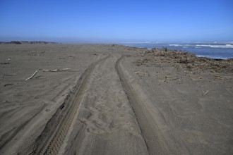 Beach on the Atlantic Ocean near Oranjemund, diamond restricted area, Karas region, Namibia