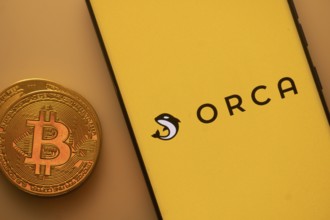 Yellow smartphone screen showing Orca logo with a Bitcoin on an orange background