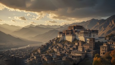 The image showcases a stunning fortress in Bhutan, nestled amidst a valley and mountains, under a