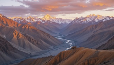 The golden hour bathes the snow-capped peaks and valley in a warm glow, highlighting the rugged